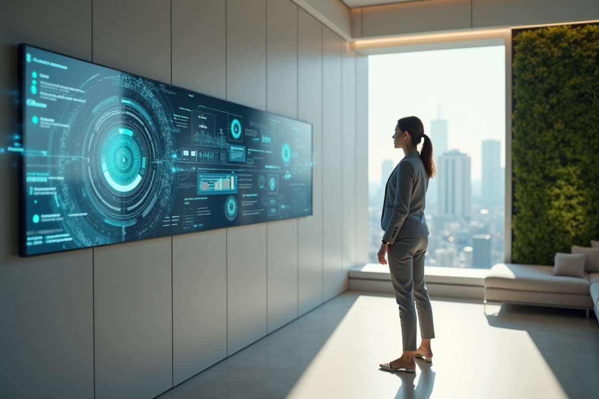 Femme d'âge moyen dans un bureau futuriste avec hologrammes