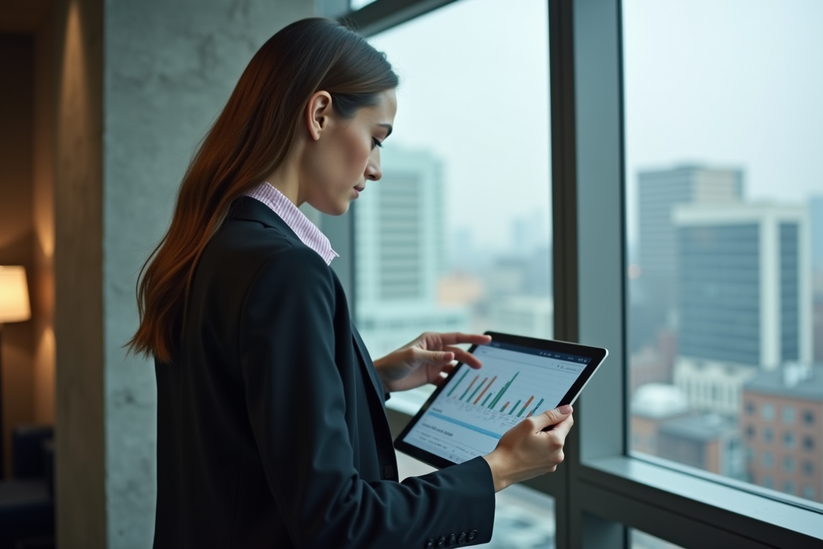 Jeune femme avec tablette et graphique financier en ville