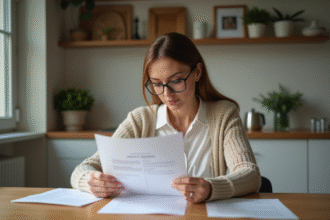 Femme lisant des papiers dans une cuisine moderne