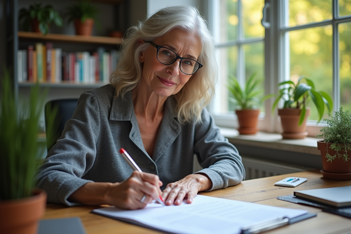 Femme détendue remplissant des papiers de retraite