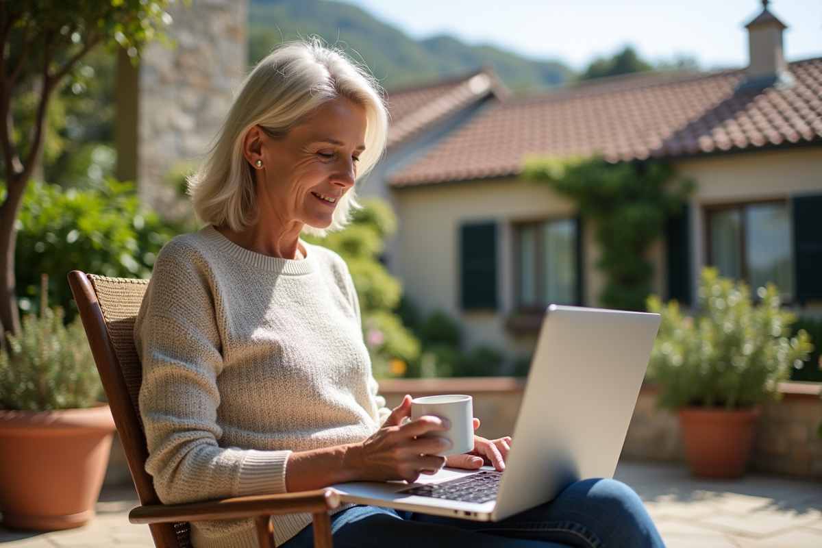 Femme assise sur une terrasse avec un ordinateur portable et une tasse de café