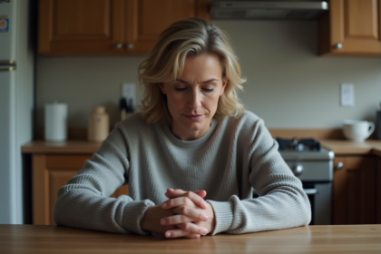 Femme pensive assise à la cuisine pour l'article sur la reflexion