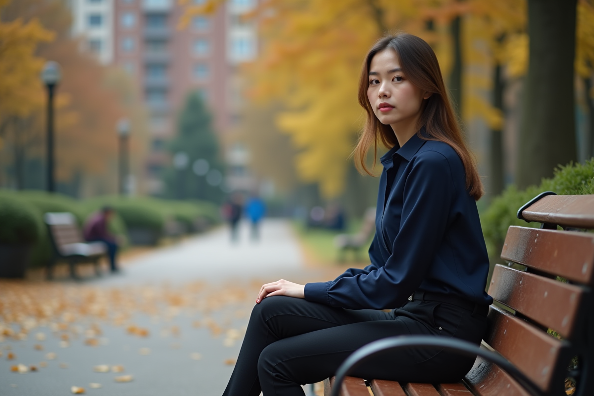 Femme assise sur un banc dans un parc automnal