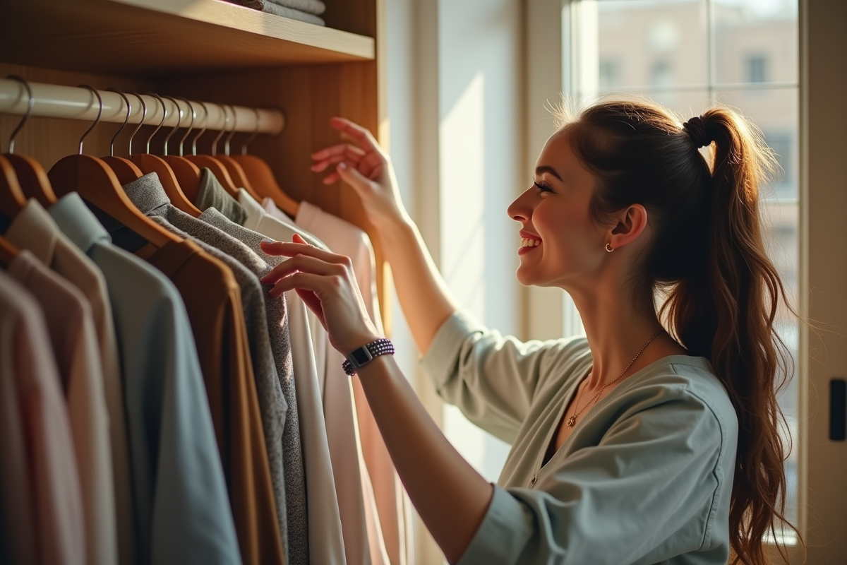 Femme choisissant un vêtement dans une garde-robe lumineuse