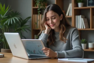 Jeune femme travaillant sur une tablette avec graphiques financiers