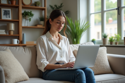 Femme travaillant tranquillement à son ordinateur dans un salon lumineux
