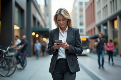 Femme urbaine marchant avec smartphone dans la ville