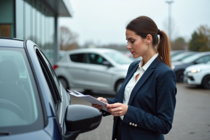 Femme examine une nouvelle voiture en concession