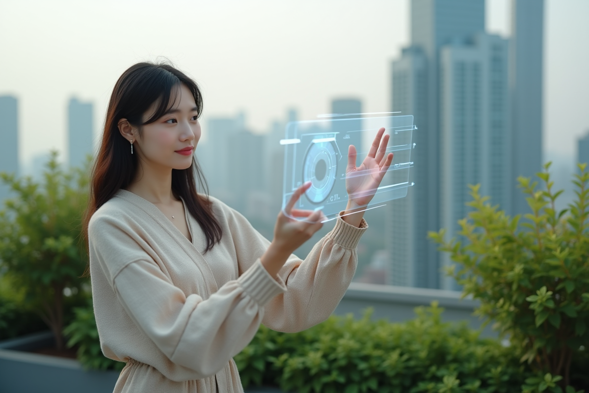 Jeune femme avec vêtement minimaliste et hologramme en ville