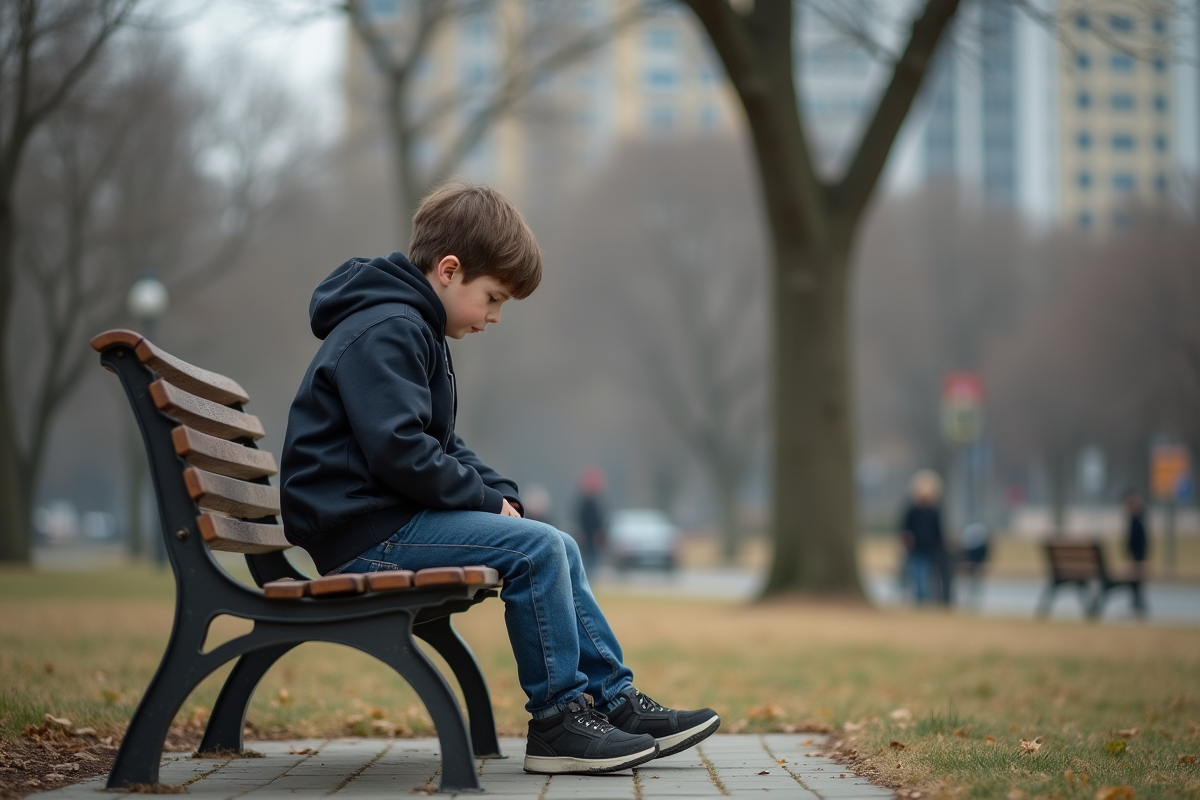 Adolescent seul sur un banc dans un parc urbain