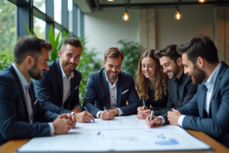 Groupe de collègues en réunion dans un bureau moderne