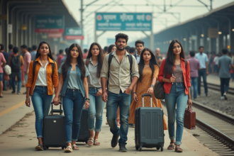 Groupe de jeunes voyageurs sur une plateforme de train