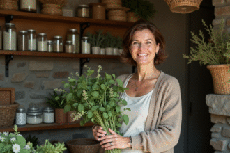 Femme herboriste tenant des plantes médicinales dans une boutique