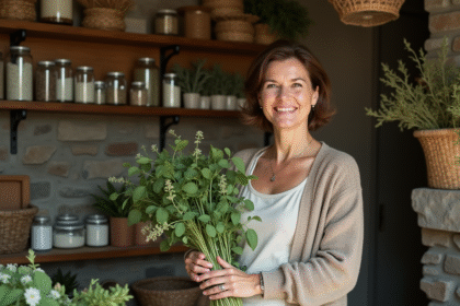 Femme herboriste tenant des plantes médicinales dans une boutique
