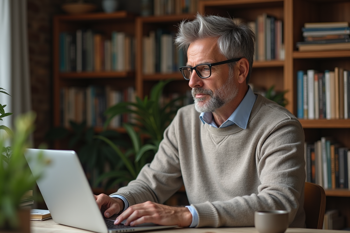 Homme d age au bureau avec vetements eco