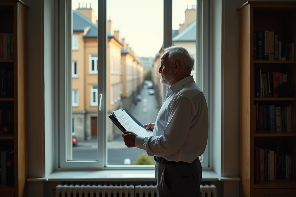 Homme âgé regardant par la fenêtre avec documents en main