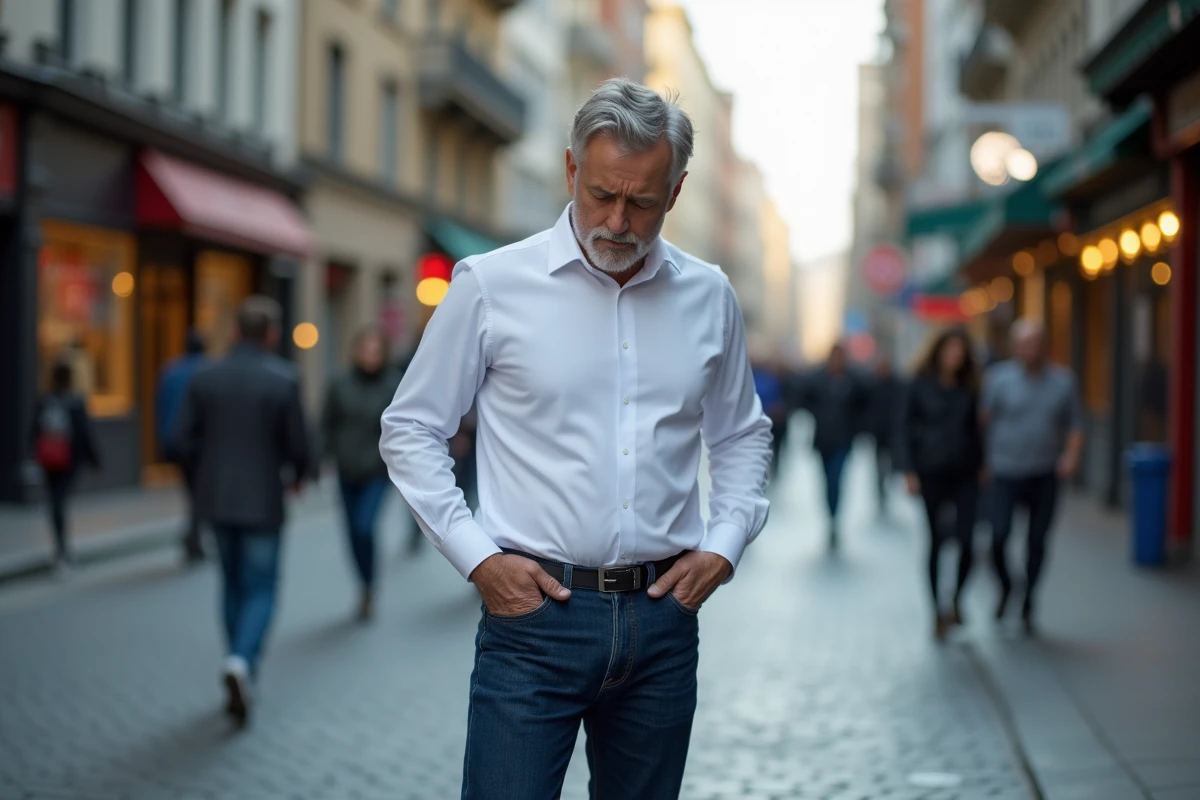 Homme en jeans dans une rue urbaine animée