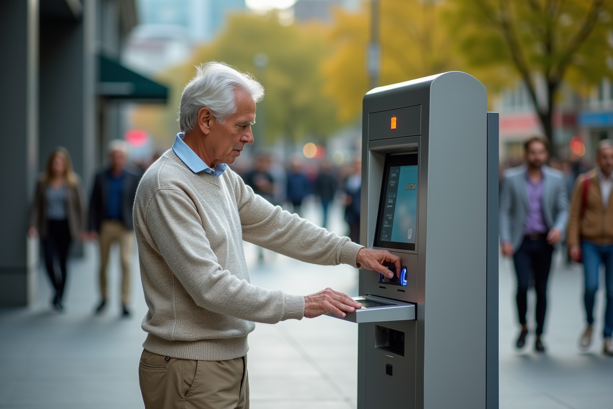 Homme age utilisant un kiosque bancaire en plein air