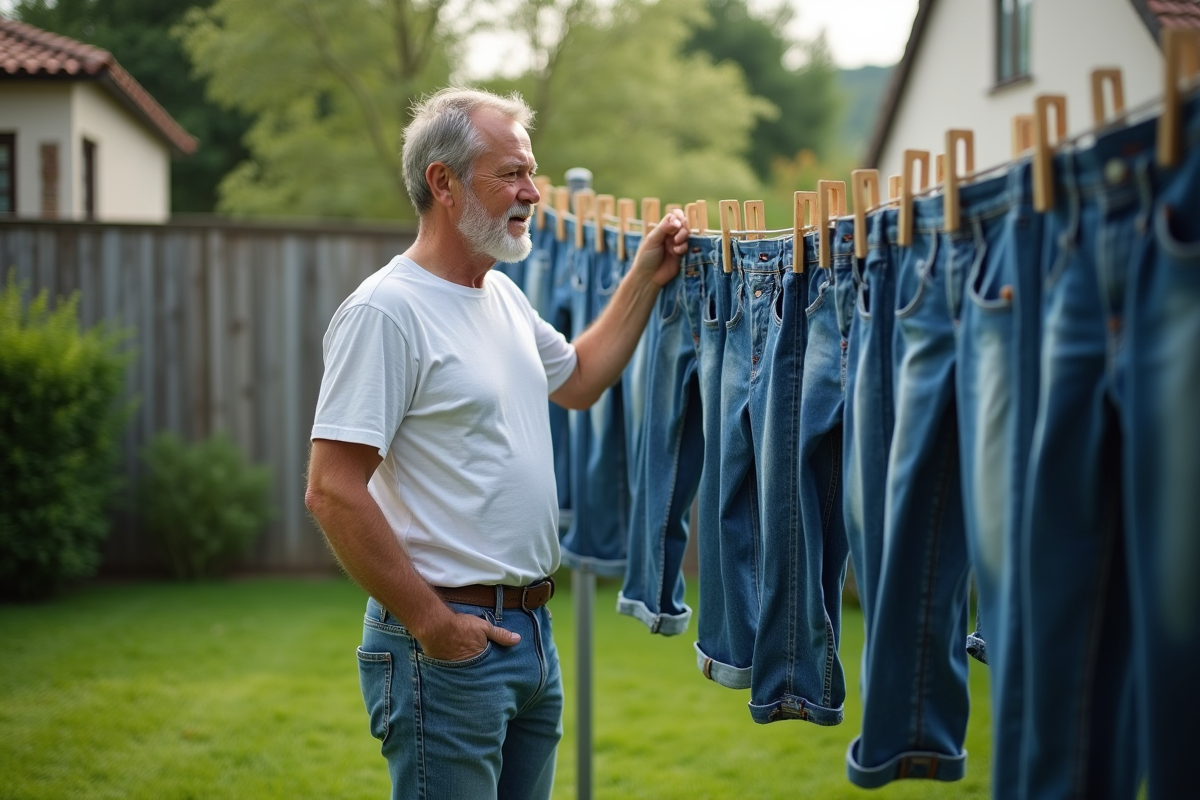 Homme suspendant des jeans propres sur une corde à linge dans un jardin