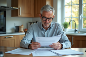 Homme d'âge moyen examinant des documents immobiliers dans une cuisine lumineuse
