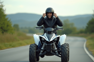 Homme souriant en moto quad en campagne
