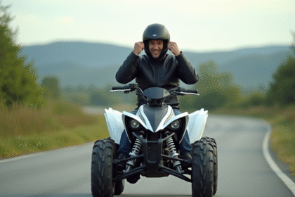 Homme souriant en moto quad en campagne