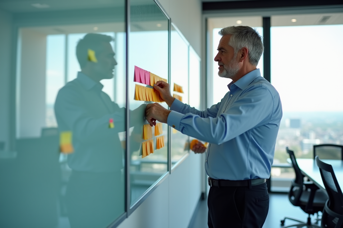 Homme en costume arrangeant des notes colorées sur un tableau