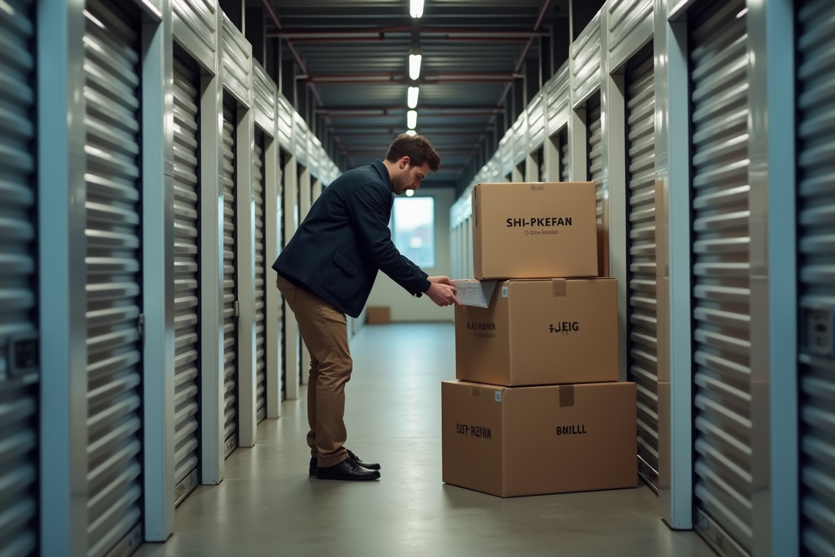 Jeune homme organisant des cartons dans un selfstorage