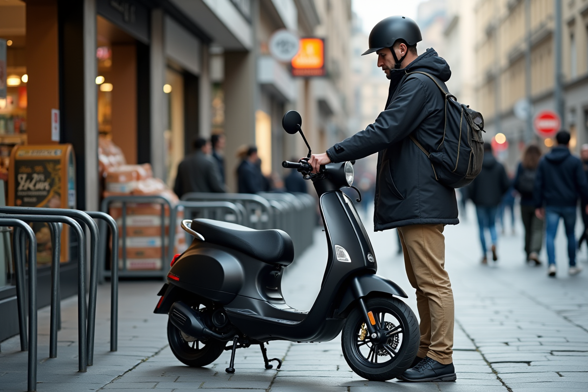 Homme garer son scooter près d