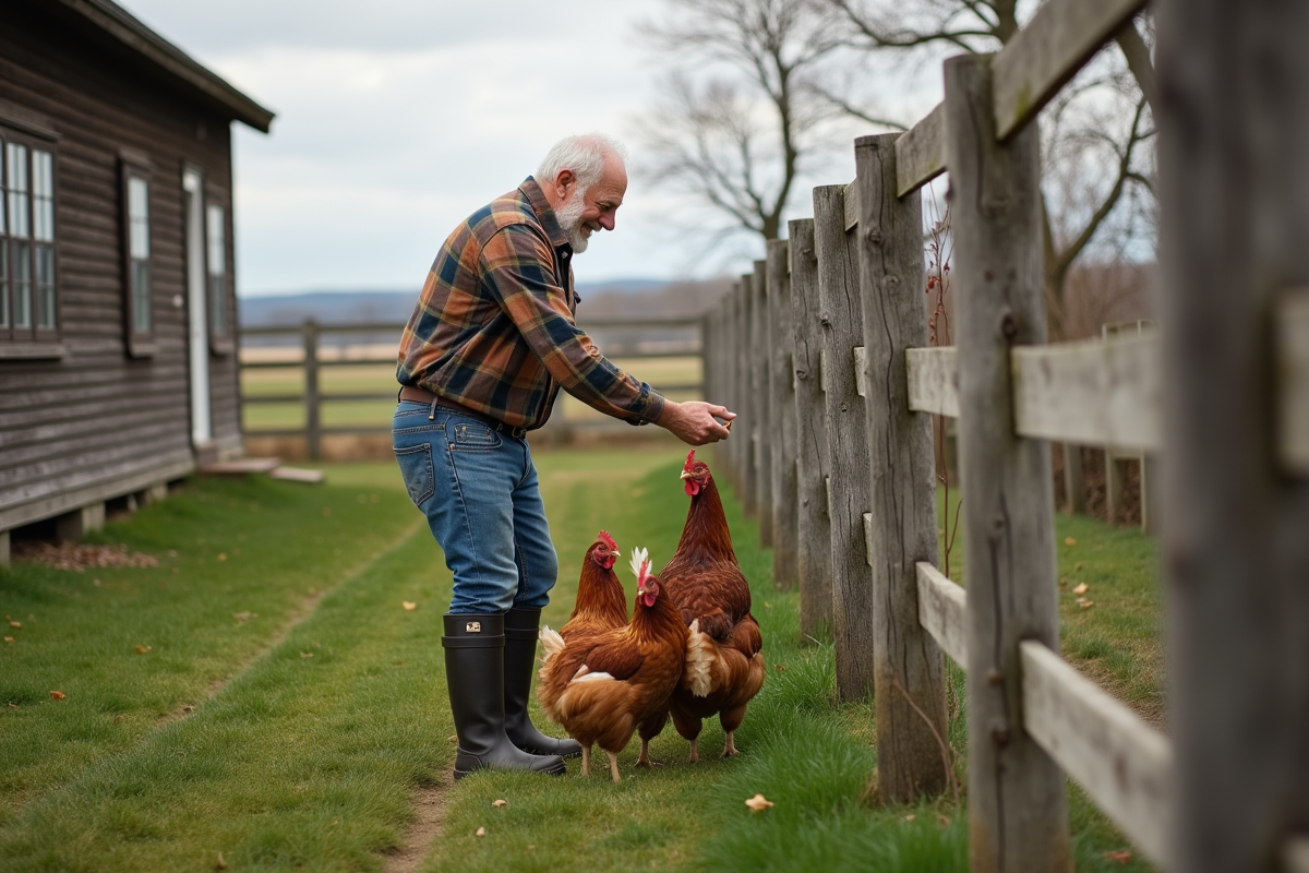 Homme âgé nourrissant des poules dans la ferme