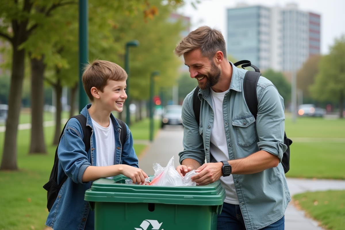 Homme et garçon recyclent dans un parc urbain ensoleille