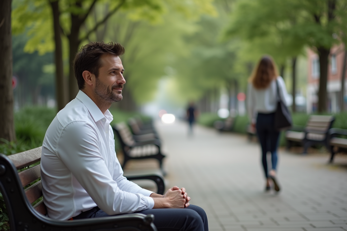 Homme pensif assis dans un parc urbain avec femme passant