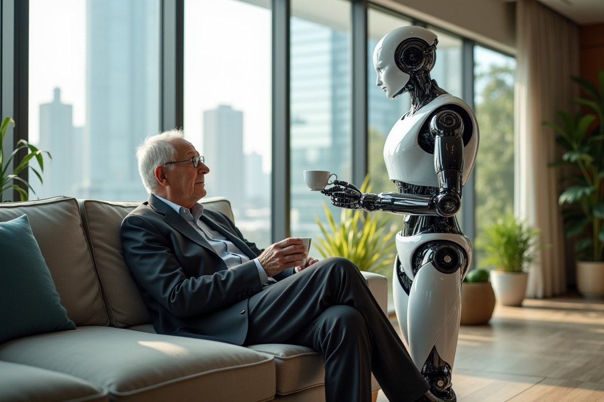 Homme âgé avec robot dans salon hightech moderne