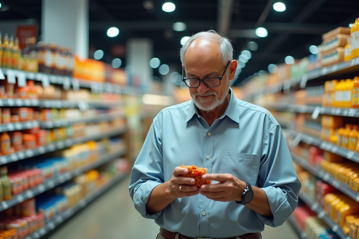 Homme âgé compare deux produits dans un supermarché