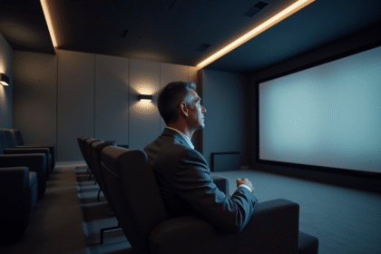 Homme d'âge moyen examinant un écran de projection moderne dans un home cinéma