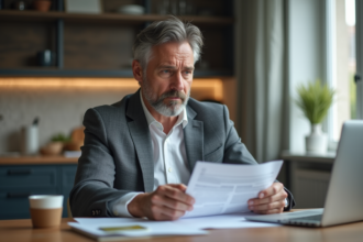 Homme d'âge moyen lisant un document à la maison