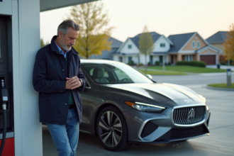 Homme vérifiant sa montre à côté d'une voiture essence moderne