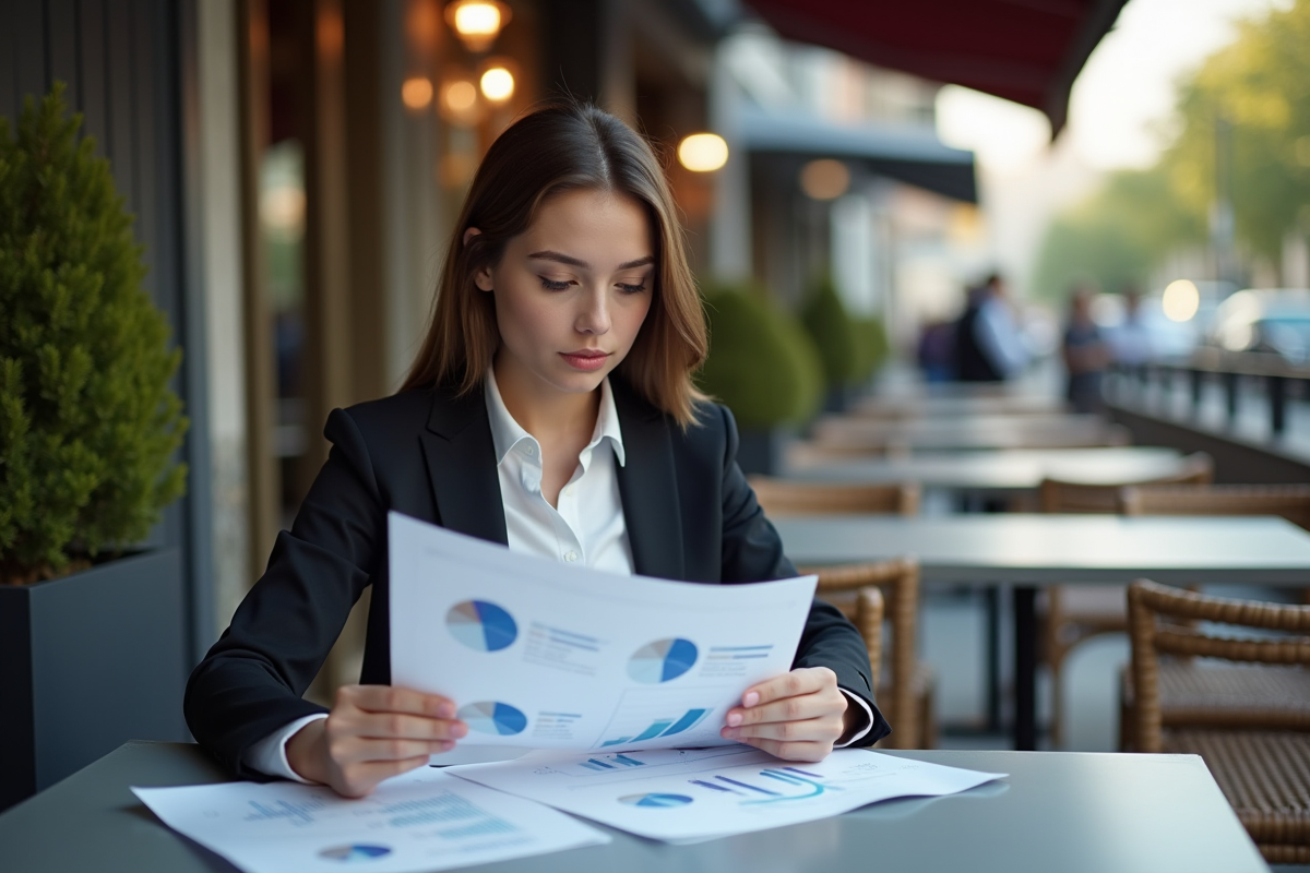 Jeune femme analysant un graphique dans un café extérieur
