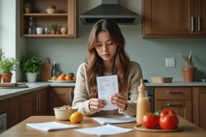 Jeune femme dans sa cuisine examine un ticket de caisse