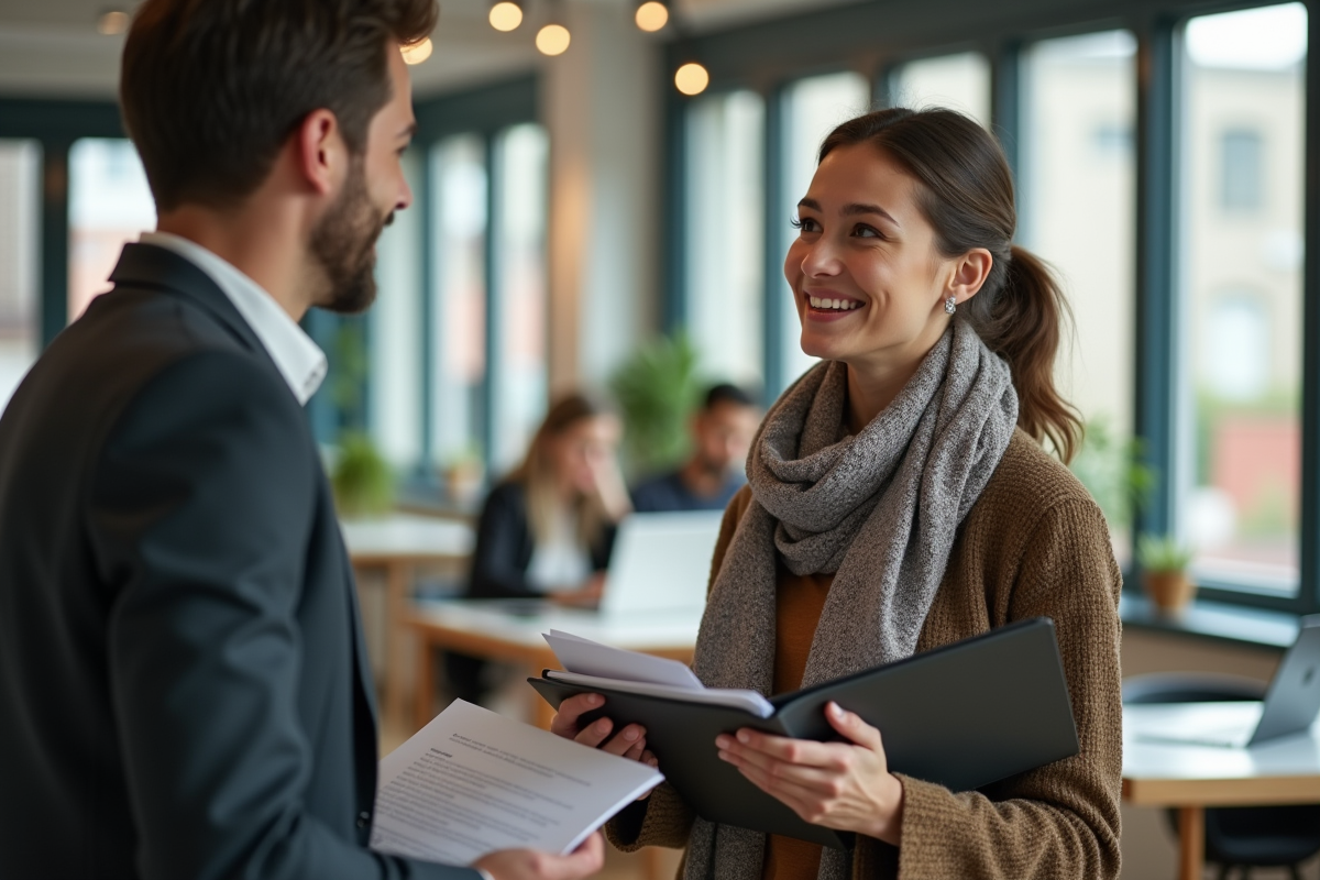 Jeune femme artisan en coworking avec conseiller professionnel