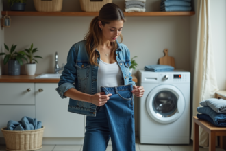 Jeune femme inspectant un jean en denim dans une buanderie moderne