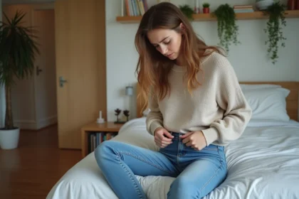 Jeune femme ajustant son jeans dans une chambre moderne