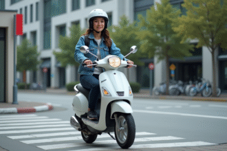 Jeune femme en scooter dans une ville animée