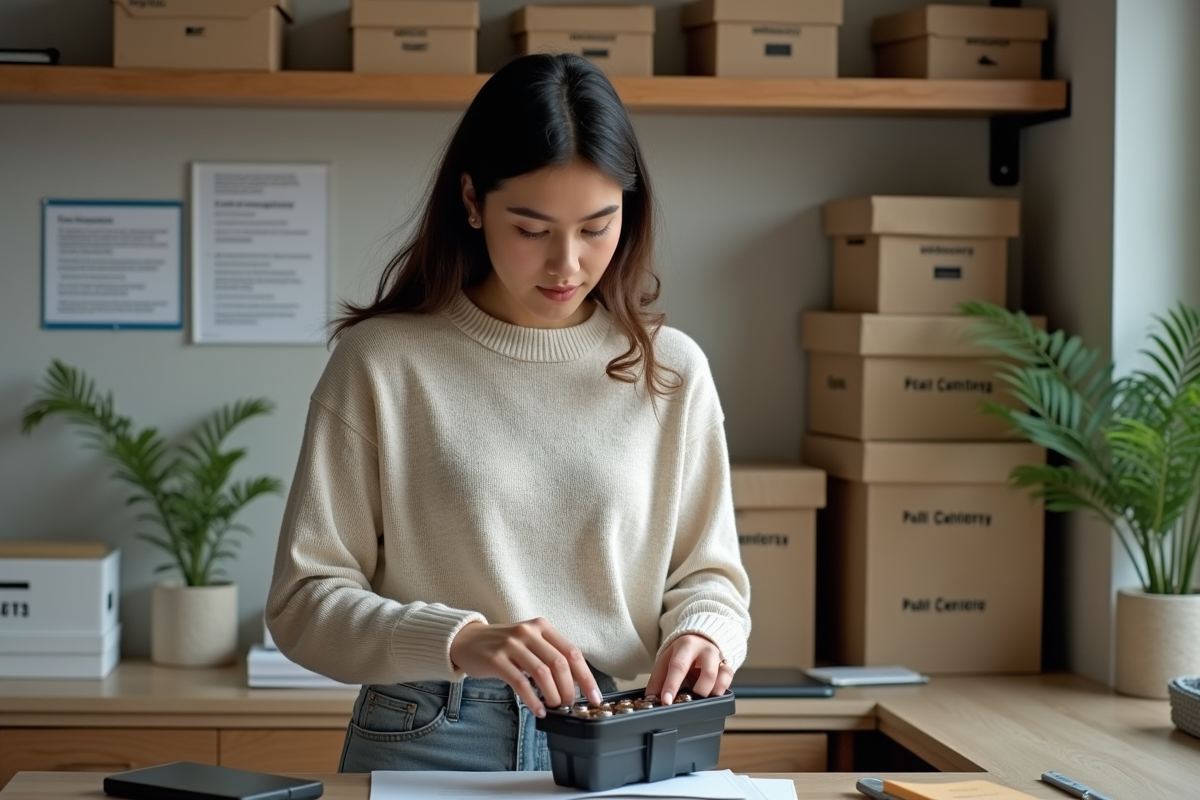 Jeune femme stockant des piles dans un bureau organisé