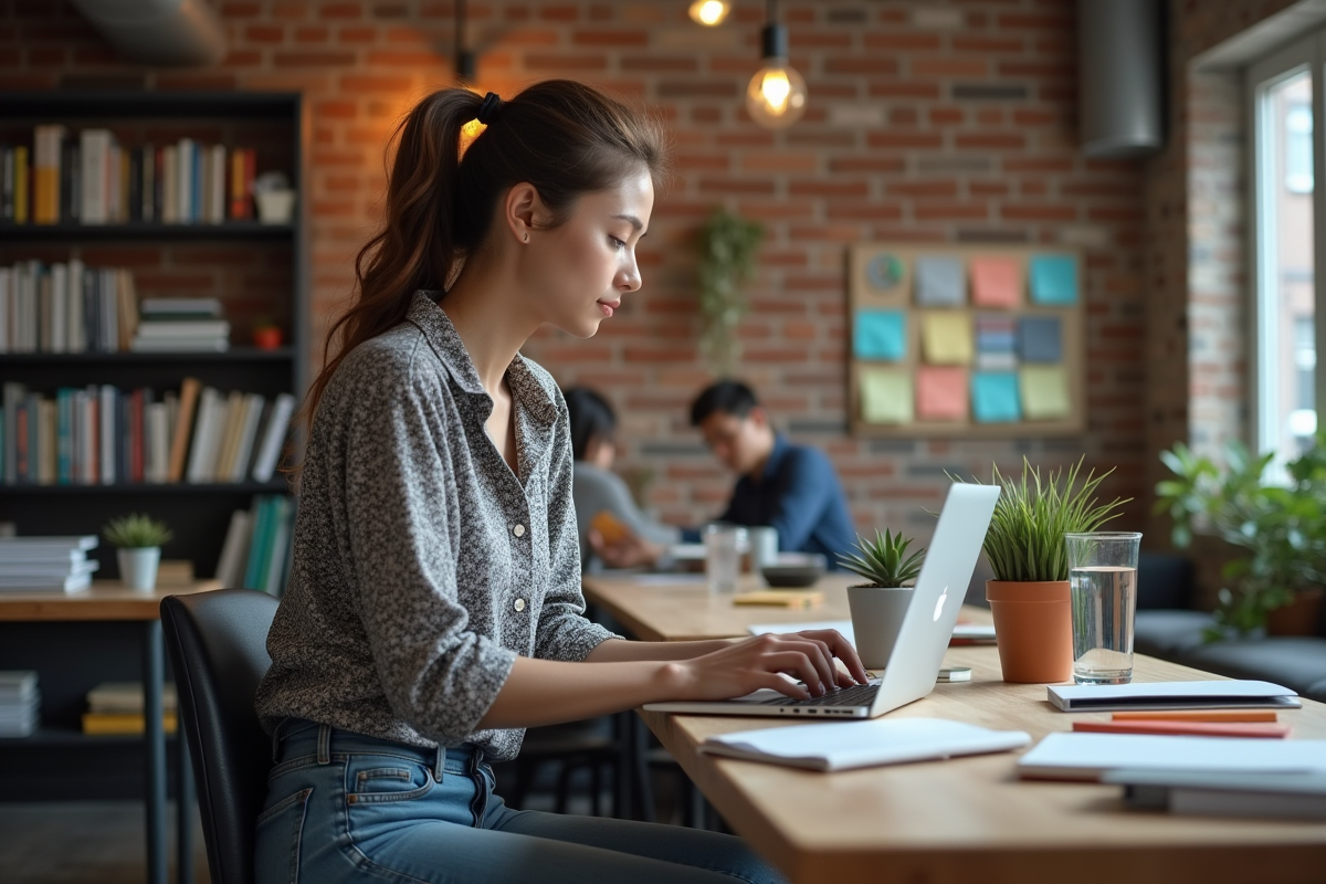 Jeune femme travaillant sur son ordinateur dans un espace créatif