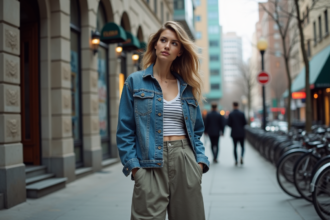 Jeune femme urbaine en denim et rayures dans la ville