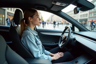 Jeune femme dans une voiture autonome en ville