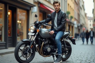 Jeune homme assis sur une moto Dax 50cc en ville