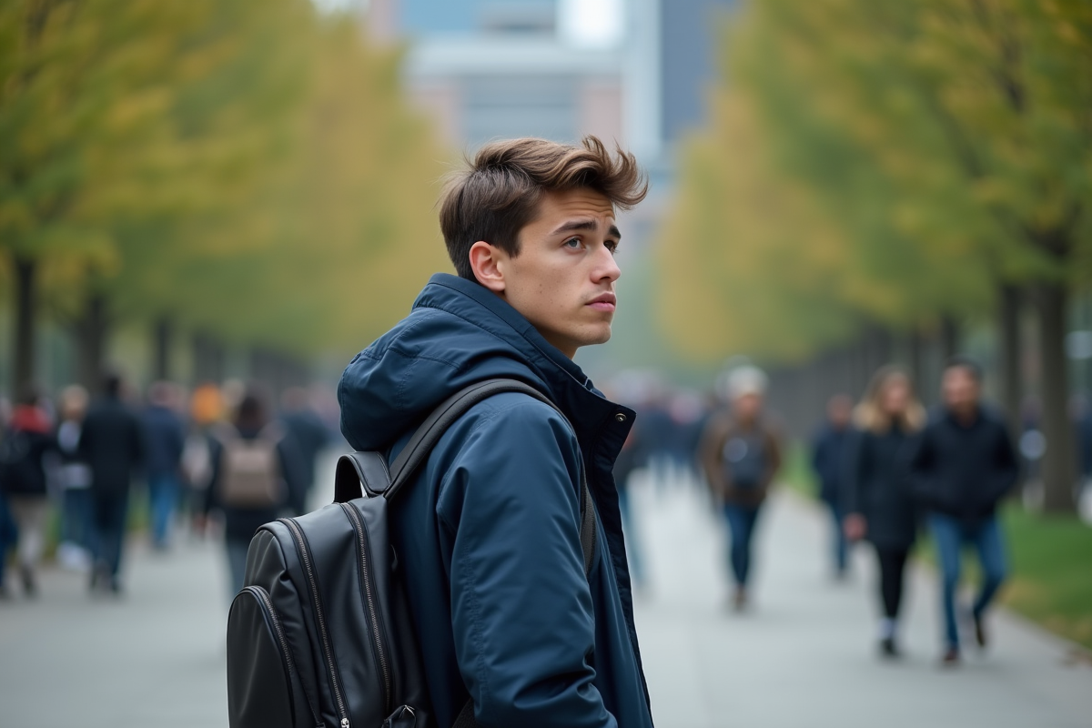 Jeune homme contemplant le parc urbain pour l