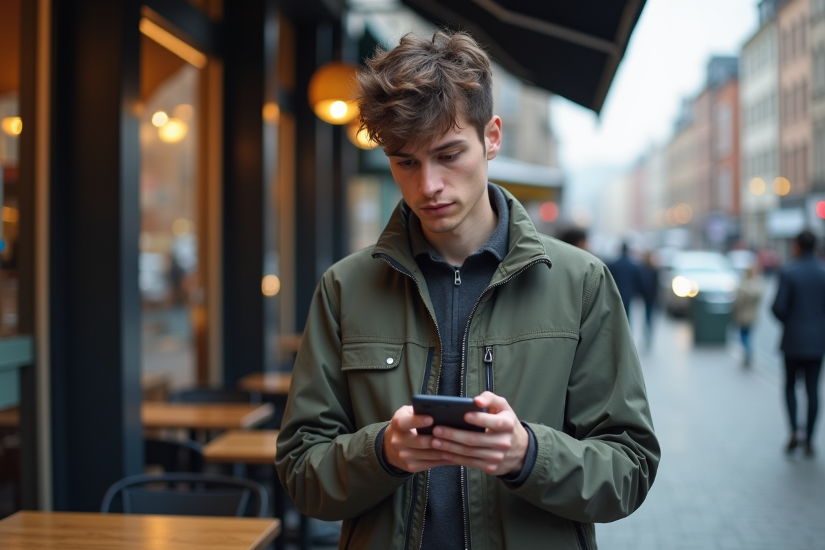 Jeune homme avec smartphone et icones de privacy en ville